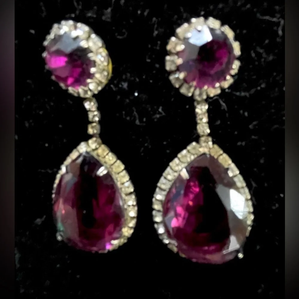 Beautiful large amethyst and clear rhinestone bezel Drop/dangle Earrings